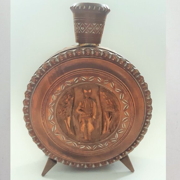 VTG Hand Carved Wooden Flask Canteen Bottle Decanter Rare - Picture 2 of 11